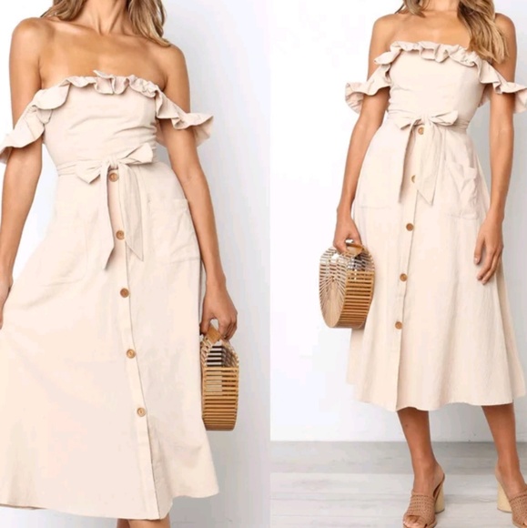 Last 1โข Off Shoulder Ruffle Front Tie Dress - Picture 2 of 7